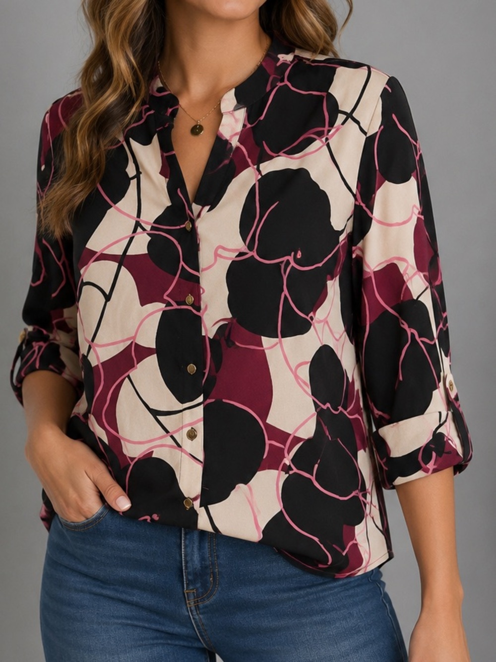 Dana Buchman Abstract Print Roll-Tab Blouse | Size Medium | Black Pink Cream
